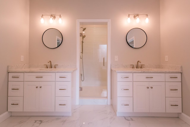 4299 Captains Ct, Lexington, KY 40513 - full bath with marble look tiles, a stall shower, two vanities, and baseboards