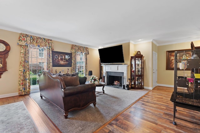 6A Charleston Greene, Danville, KY 40422 - living area featuring crown molding, wood finished floors, baseboards, and a lit fireplace