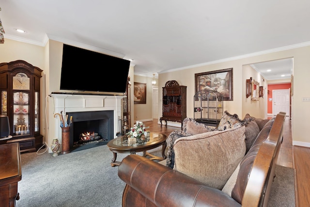 6A Charleston Greene, Danville, KY 40422 - living area with a fireplace with flush hearth, crown molding, recessed lighting, and baseboards