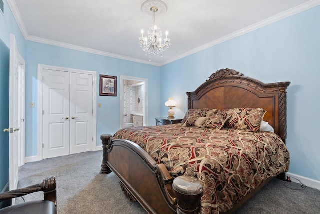 6A Charleston Greene, Danville, KY 40422 - carpeted bedroom with a chandelier, crown molding, baseboards, a closet, and connected bathroom