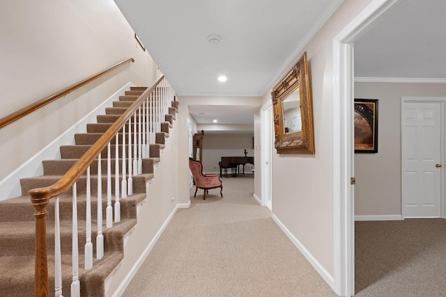 6A Charleston Greene, Danville, KY 40422 - hall featuring carpet flooring, stairway, ornamental molding, baseboards, and recessed lighting