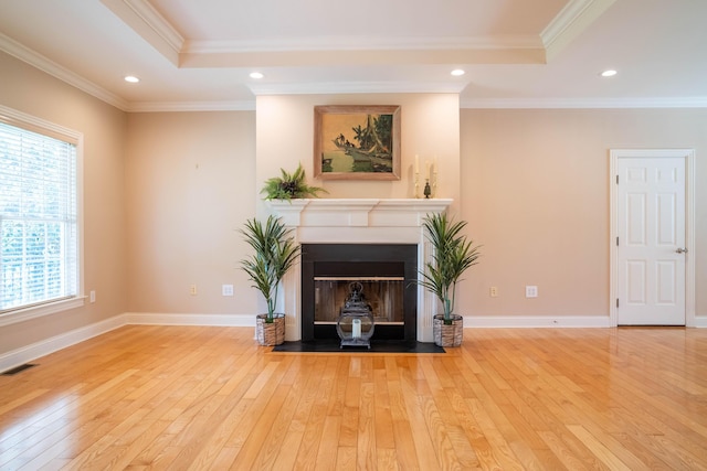 20 Walnut Hill Ct, Cynthiana, KY 41031 - unfurnished living room with hardwood / wood-style flooring, a tray ceiling, a glass covered fireplace, crown molding, and recessed lighting