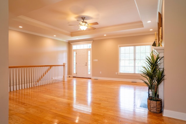 20 Walnut Hill Ct, Cynthiana, KY 41031 - foyer entrance with a tray ceiling, light wood-style floors, ceiling fan, ornamental molding, and baseboards