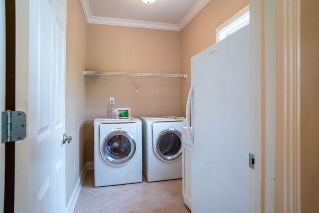 20 Walnut Hill Ct, Cynthiana, KY 41031 - laundry area featuring washing machine and dryer, crown molding, and light tile patterned flooring
