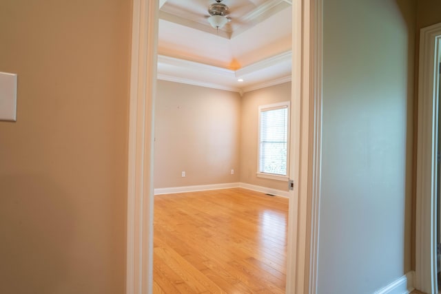 20 Walnut Hill Ct, Cynthiana, KY 41031 - hallway featuring ornamental molding, light wood finished floors, a tray ceiling, and baseboards