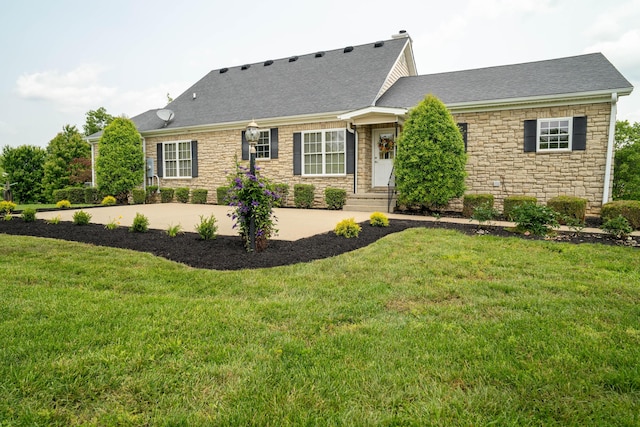 20 Walnut Hill Ct, Cynthiana, KY 41031 - view of front of property with stone siding, a front yard, a shingled roof, and a patio