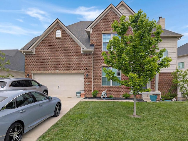 4663 Larkhill Ln, Lexington, KY 40509 - view of front of home featuring brick siding, concrete driveway, a front yard, a garage, and a shingled roof