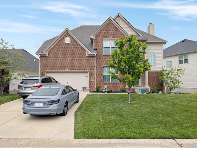 4663 Larkhill Ln, Lexington, KY 40509 - view of front of house featuring driveway, brick siding, a front lawn, and a chimney