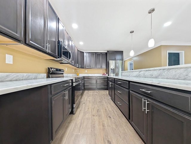 4663 Larkhill Ln, Lexington, KY 40509 - kitchen with appliances with stainless steel finishes, ornamental molding, light wood-style floors, hanging light fixtures, and light stone counters