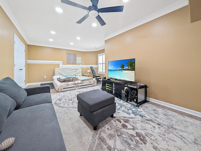4663 Larkhill Ln, Lexington, KY 40509 - living area with ornamental molding, wood finished floors, baseboards, ceiling fan, and recessed lighting