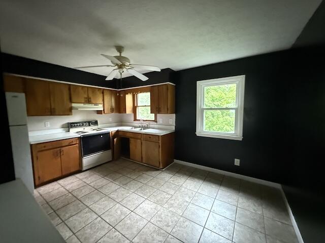 100 Ridgeway Dr, Lancaster, KY 40444 - kitchen with white appliances, under cabinet range hood, light countertops, a sink, and ceiling fan