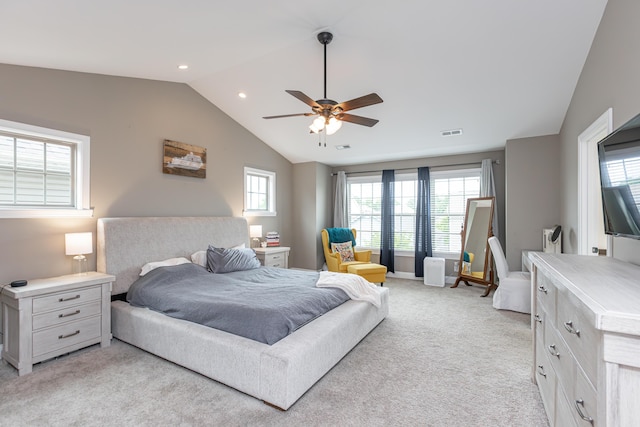 3757 Hardwood Rd, Lexington, KY 40509 - bedroom with lofted ceiling, light colored carpet, a ceiling fan, and recessed lighting