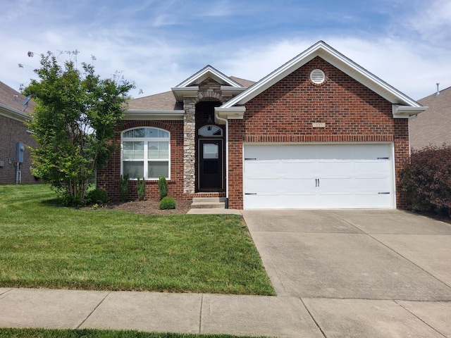 227 Ikebana Dr, Georgetown, KY 40324 - ranch-style house featuring a front yard, concrete driveway, brick siding, a garage, and stone siding