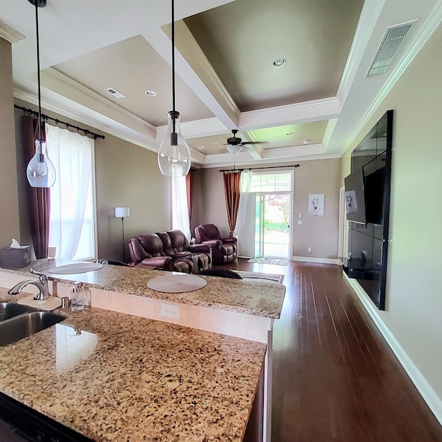 227 Ikebana Dr, Georgetown, KY 40324 - living area with ornamental molding, baseboards, dark wood-style flooring, coffered ceiling, and beamed ceiling