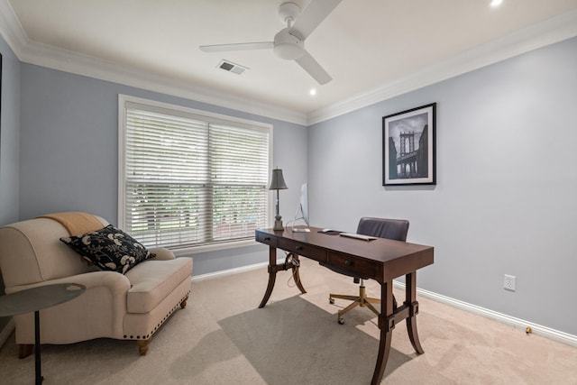 2293 Sunningdale Dr, Lexington, KY 40509 - office featuring ceiling fan, ornamental molding, baseboards, light colored carpet, and recessed lighting