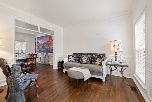 2293 Sunningdale Dr, Lexington, KY 40509 - living room with a decorative wall, crown molding, wood finished floors, and wainscoting