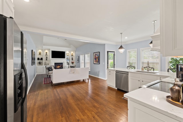 2293 Sunningdale Dr, Lexington, KY 40509 - kitchen featuring dishwasher, refrigerator with ice dispenser, a sink, a warm lit fireplace, and light countertops