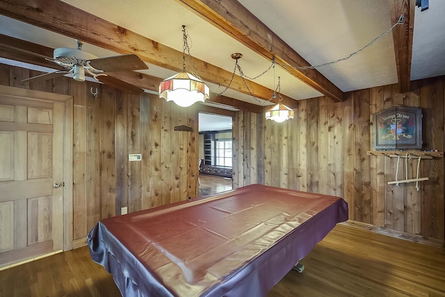 523 Leawood Dr, Frankfort, KY 40601 - rec room featuring billiards, wooden walls, wood finished floors, beam ceiling, and a ceiling fan