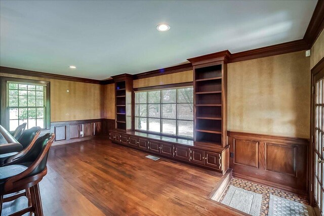 523 Leawood Dr, Frankfort, KY 40601 - home office with a wainscoted wall, ornamental molding, dark wood finished floors, a decorative wall, and recessed lighting