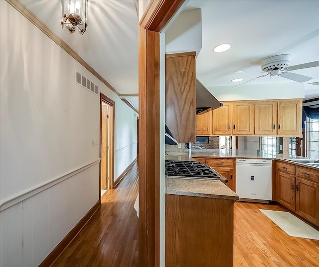 523 Leawood Dr, Frankfort, KY 40601 - kitchen featuring white dishwasher, light wood-style flooring, ceiling fan, extractor fan, and recessed lighting