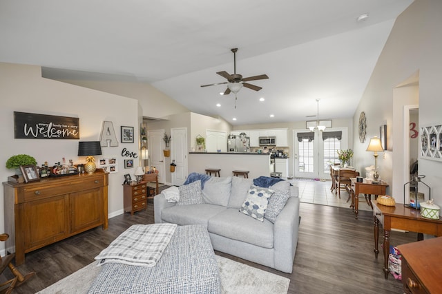 1017 Sugarbush Trl, Lexington, KY 40509 - living area featuring vaulted ceiling, dark wood-type flooring, a ceiling fan, recessed lighting, and baseboards