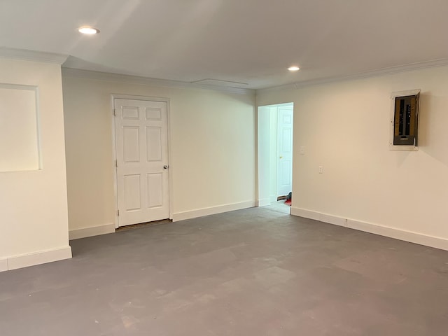 77 Travis Burchfield Rd, Strunk, KY 42649 - below grade area featuring ornamental molding, electric panel, recessed lighting, and baseboards