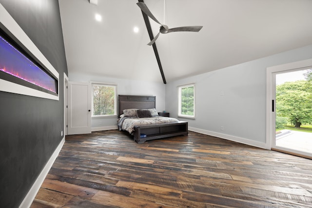 104 Barkley Ests, Nicholasville, KY 40356 - bedroom featuring access to exterior, baseboards, high vaulted ceiling, wood finished floors, and a ceiling fan