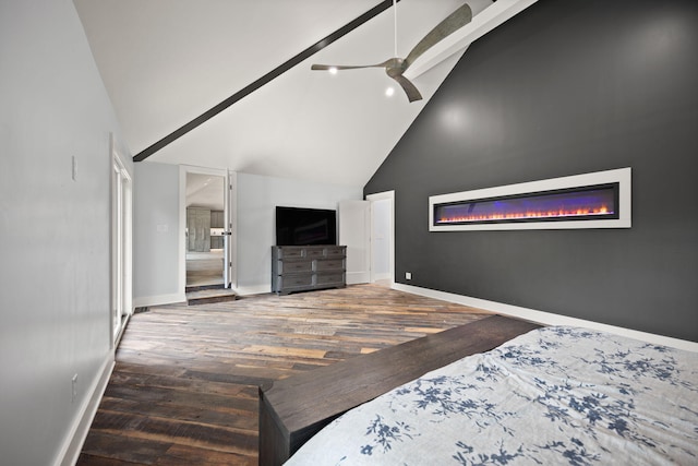 104 Barkley Ests, Nicholasville, KY 40356 - bedroom featuring wood finished floors, high vaulted ceiling, baseboards, a glass covered fireplace, and ceiling fan