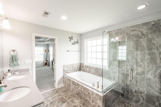 177 Swilcan Bridge Way, Georgetown, KY 40324 - full bathroom featuring a garden tub, double vanity, a shower stall, recessed lighting, and baseboards