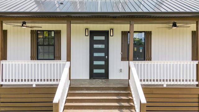 138 Hickory Grove Ln, Stanton, KY 40380 - doorway to property with a ceiling fan, covered porch, a metal roof, and a standing seam roof