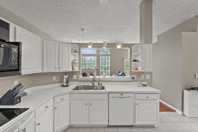 1217 Wyndham Hills Dr, Lexington, KY 40514 - kitchen with white dishwasher, open shelves, a sink, white cabinets, and a textured ceiling