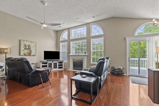 1217 Wyndham Hills Dr, Lexington, KY 40514 - living area with a textured ceiling, plenty of natural light, wood-type flooring, ceiling fan, and lofted ceiling