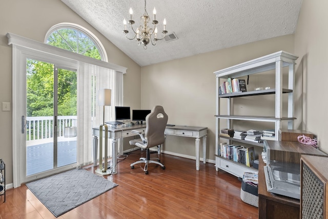 1217 Wyndham Hills Dr, Lexington, KY 40514 - home office with a chandelier, a textured ceiling, wood finished floors, vaulted ceiling, and baseboards