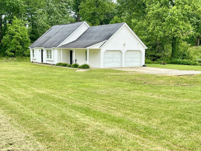 2953 Somerset Rd, London, KY 40741 - view of front of property with concrete driveway, an attached garage, a front lawn, a shingled roof, and view of wooded area