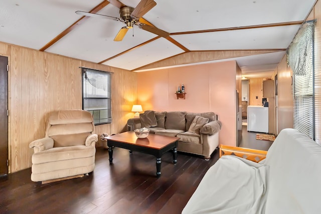 14 Scarlets Way, Bronston, KY 42518 - living area with lofted ceiling, wooden walls, hardwood / wood-style flooring, a ceiling fan, and washer / dryer