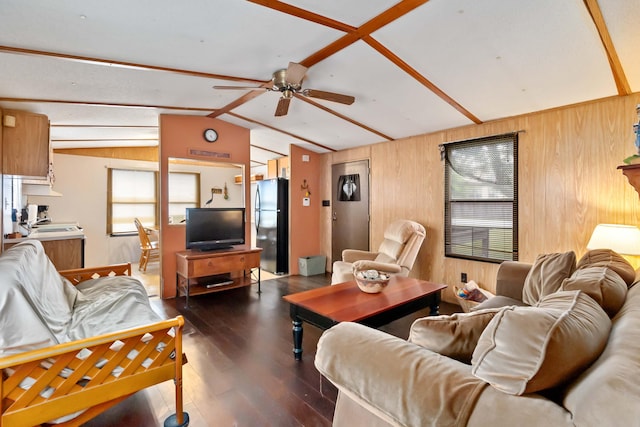 14 Scarlets Way, Bronston, KY 42518 - living room featuring a ceiling fan, wood walls, and hardwood / wood-style flooring