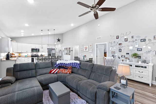 116 Hackberry Ct, Frankfort, KY 40601 - living area with a ceiling fan, high vaulted ceiling, wood finished floors, and recessed lighting