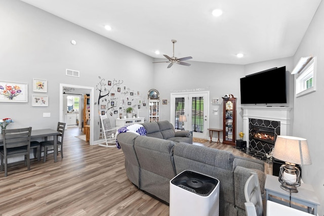 116 Hackberry Ct, Frankfort, KY 40601 - living area featuring a ceiling fan, recessed lighting, light wood finished floors, a high end fireplace, and high vaulted ceiling