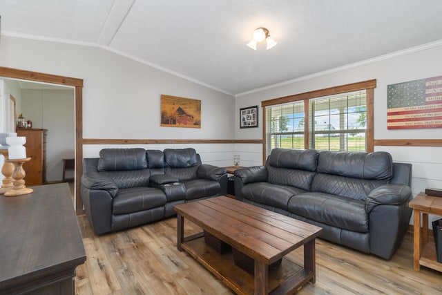 460 Keller Ln, Science Hill, KY 42553 - living room featuring light wood-style floors, lofted ceiling, crown molding, and a wainscoted wall