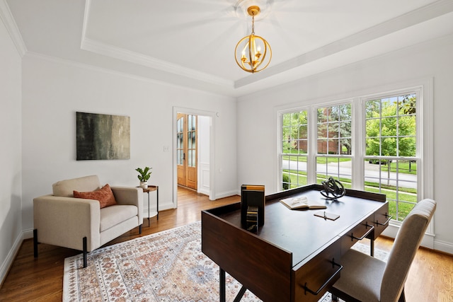 2216 Woodburn Hall Rd, Lexington, KY 40515 - office with a tray ceiling, a chandelier, wood finished floors, and crown molding