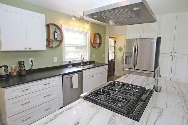 937 Mason Headley Rd, Lexington, KY 40504 - kitchen with stainless steel appliances, a sink, extractor fan, white cabinetry, and open shelves