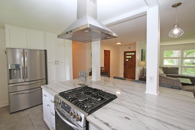 937 Mason Headley Rd, Lexington, KY 40504 - kitchen featuring stainless steel appliances, island range hood, light stone counters, and white cabinets