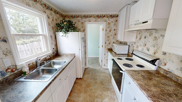 281 Osage Ct, Lexington, KY 40509 - kitchen with white appliances, extractor fan, a sink, wallpapered walls, and white cabinets