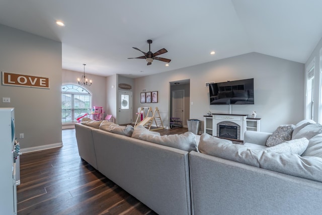 140 Central Park Ave, Berea, KY 40403 - living room with dark wood-type flooring, a chandelier, a ceiling fan, a glass covered fireplace, and recessed lighting
