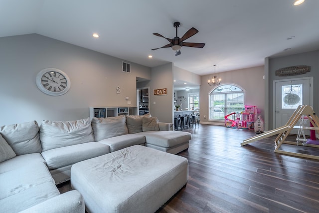 140 Central Park Ave, Berea, KY 40403 - living area with a ceiling fan, a chandelier, dark wood-type flooring, recessed lighting, and lofted ceiling