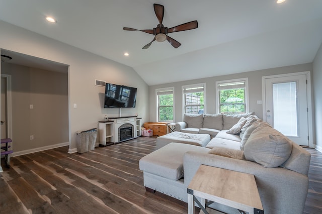140 Central Park Ave, Berea, KY 40403 - living room with ceiling fan, dark wood-style flooring, lofted ceiling, recessed lighting, and a fireplace