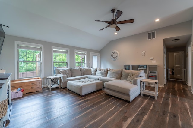 140 Central Park Ave, Berea, KY 40403 - living room with a ceiling fan, dark wood finished floors, vaulted ceiling, and recessed lighting
