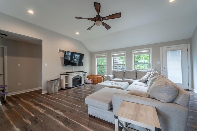 140 Central Park Ave, Berea, KY 40403 - living room with ceiling fan, dark wood-style flooring, lofted ceiling, recessed lighting, and a fireplace