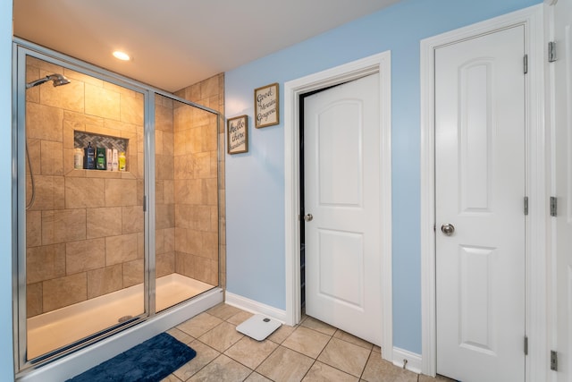 140 Central Park Ave, Berea, KY 40403 - bathroom featuring a stall shower, baseboards, tile patterned flooring, and recessed lighting