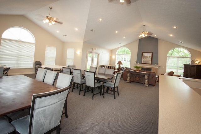 102 Academy Dr, Wilmore, KY 40390 - dining room with ceiling fan, lofted ceiling, light carpet, and recessed lighting